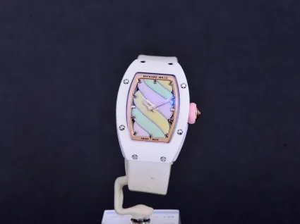 Richard Mille RM 07-03 Replica, White Ceramic Case Pastel Swirl Dial White Rubber Strap Luxury Ladies Wristwatch