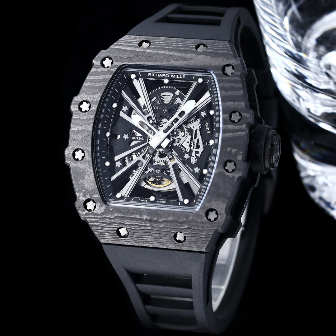 Luxury Replica Richard Mille RM12-01 Tourbillon With Black Carbon Bezel, Black Rubber Strap
