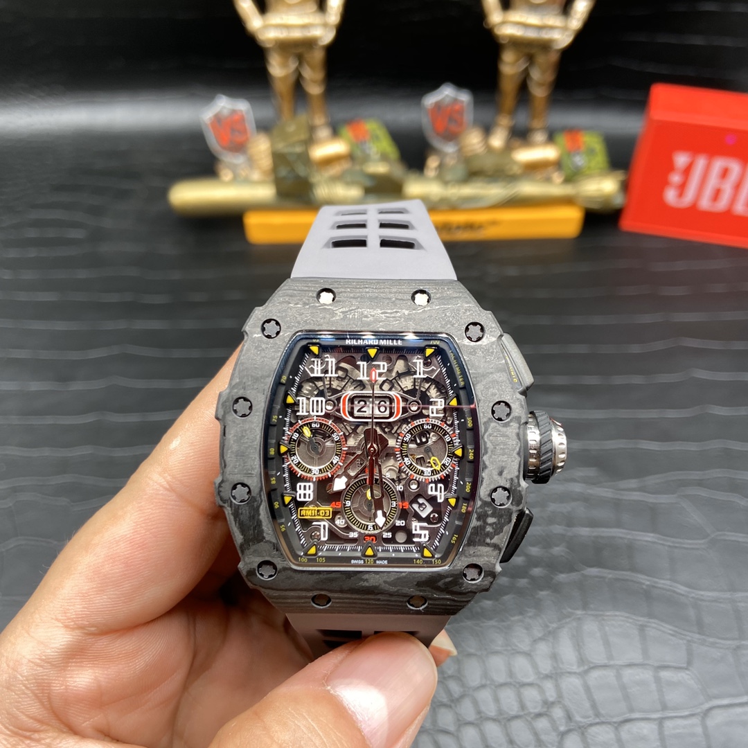 Swiss Richard Mille RM 11 Replica – 49mm Carbon Case, Skeleton Dial, Grey Rubber Strap