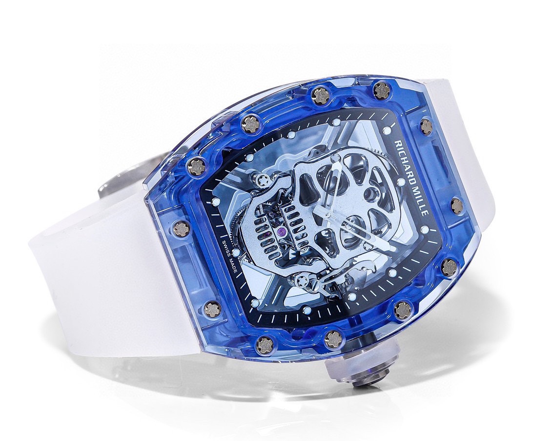 Swiss Richard Mille RM 052 Replica Tourbillon Skull Blue Sapphire Case Watch With White Rubber Strap – Bold Design
