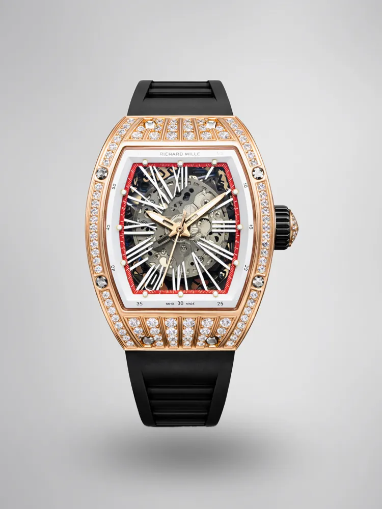 Richard Mille RM 023 Replica, Rose Gold Diamond-Set Case Skeleton Dial Black Rubber Strap Luxury Automatic Sports Wristwatch