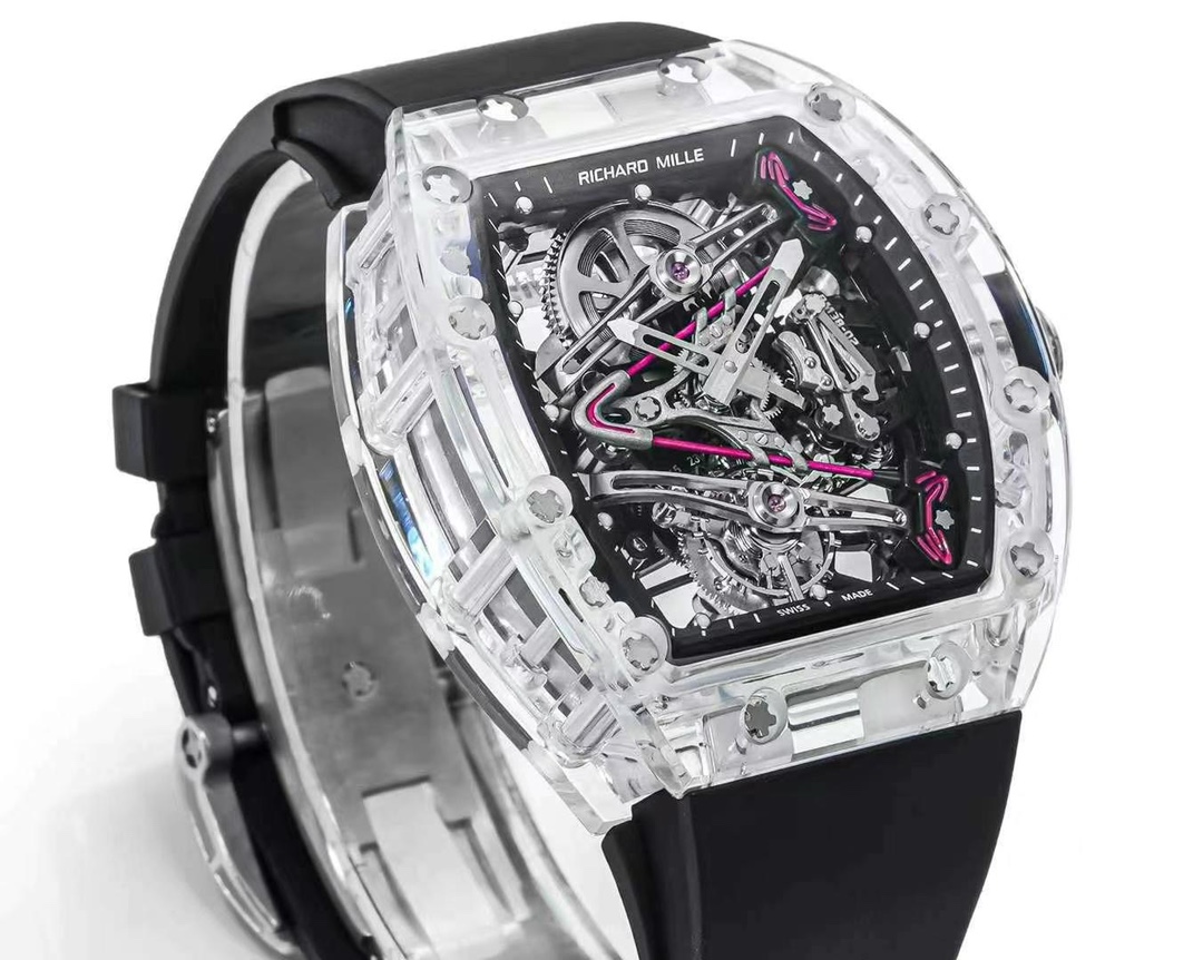 Replica Richard Mille RM 38-02 Pink Themed Crystal Skeleton Tourbillon Black Rubber Strap Watch