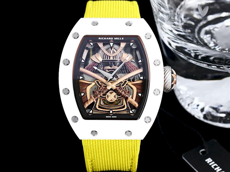 Best Replica Richard Mille RM 047 Tourbillon Watch For Men – Samurai Design, Ceramic Case, Skeleton Dial, Yellow Strap