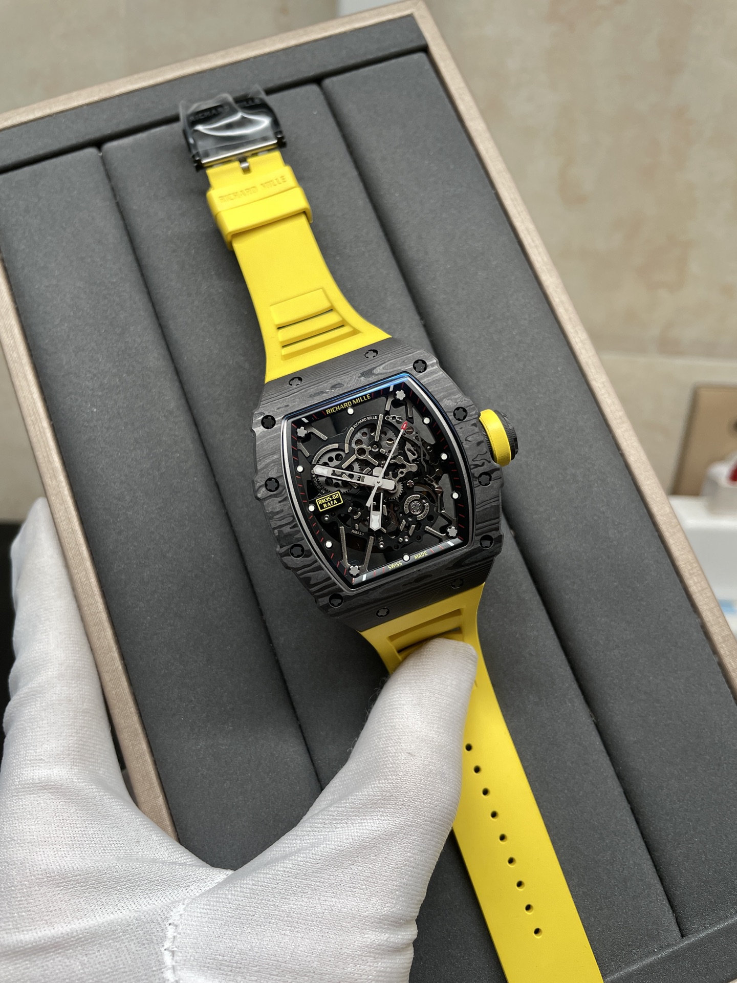 Swiss Replica Richard Mille RM 35-02 Watch For Men – Skeleton Dial, Yellow Rubber Strap, Luxury Sport Design
