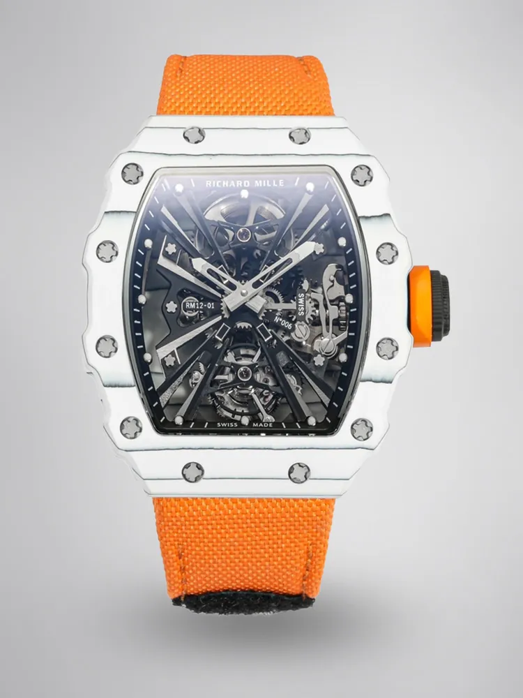 Richard Mille RM 12-01 Tourbillon Super Clone - White Carbon Fiber Orange Strap