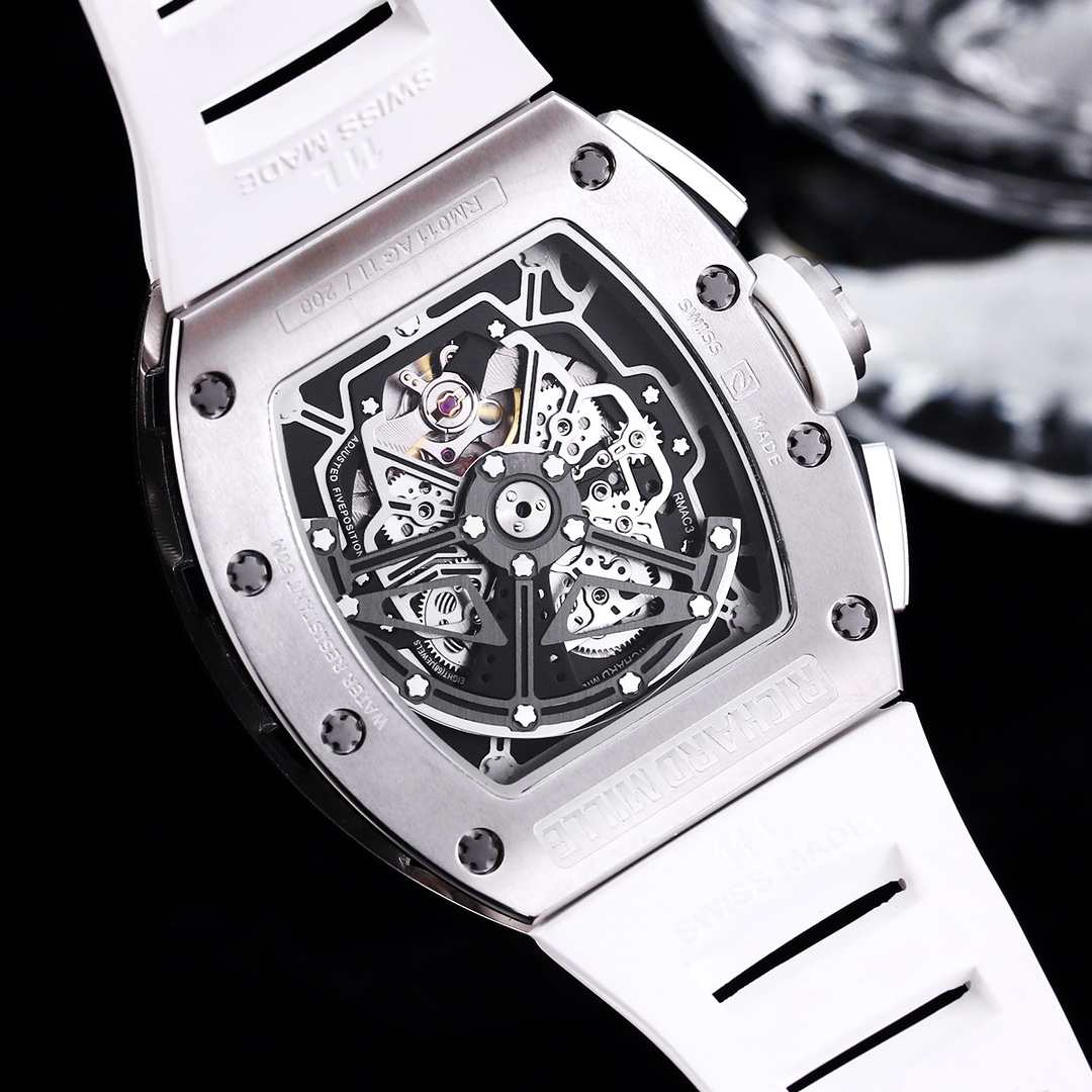 Luxury Swiss Replica Richard Mille RM 011 50mm Watch – Skeleton Dial, White Rubber Strap, Sporty Elegance