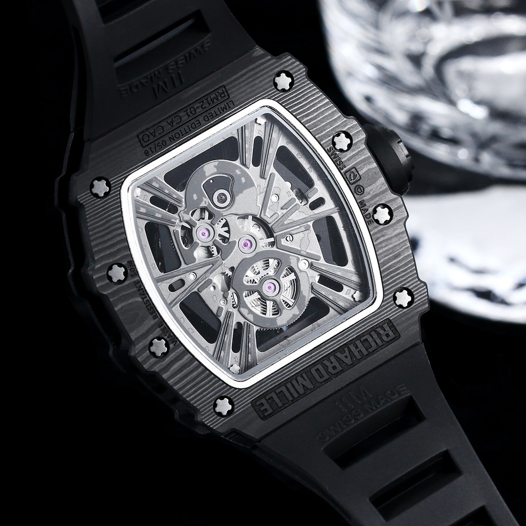 Luxury Replica Richard Mille RM12-01 Tourbillon With Black Carbon Bezel, Black Rubber Strap