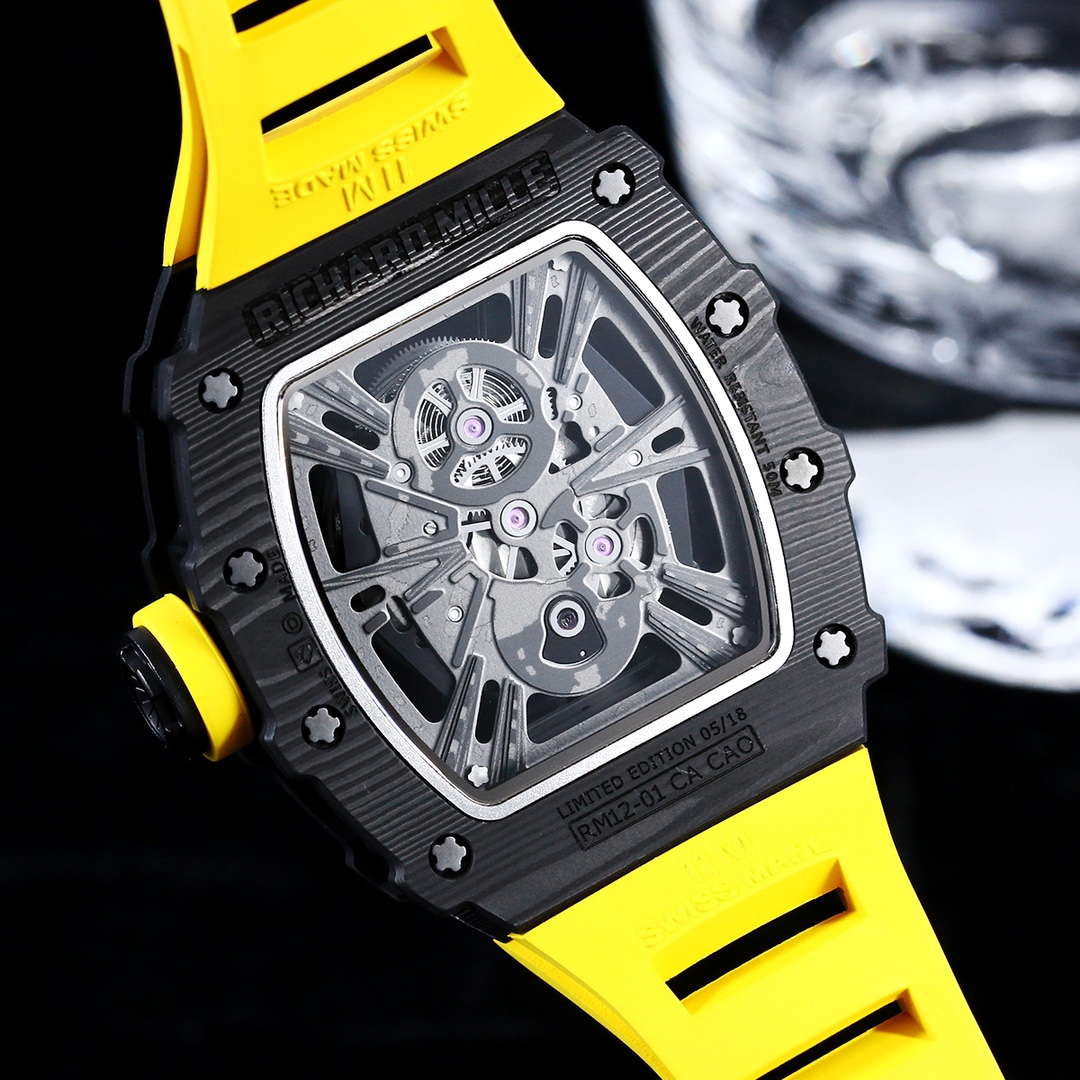 Swiss Replica Richard Mille RM 12-01 Tourbillon – Bold Yellow Rubber Strap, Skeleton Dial, Carbon Case