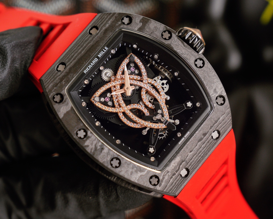 High-end Replica Richard Mille RM 019 NTPT Carbon Case Red Strap Tourbillon Watch Diamond Celtic Knot Skeleton Dial
