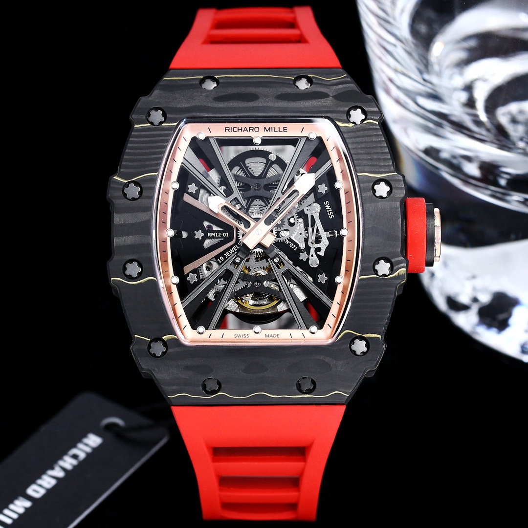 Swiss Richard Mille RM 12-01 Tourbillon Replica – Black Carbon Fiber Case With Red Rubber Strap