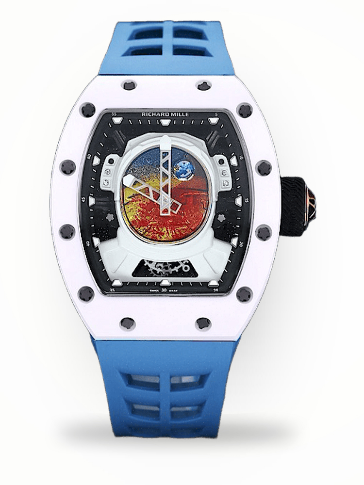 Richard Mille RM 52-05 Pharrell Williams Replica Watch – White Ceramic Case, Swiss Movement, Astronaut Dial, Blue Strap