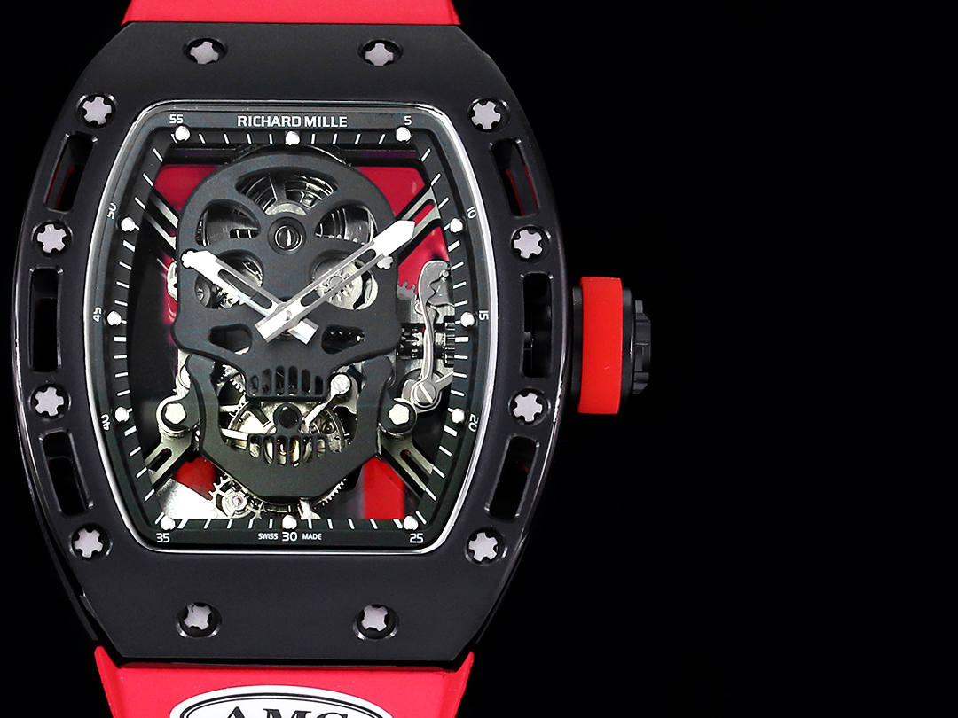 Replica Richard Mille RM052 Titanium Skeleton Tourbillon Watch with Red Rubber Strap