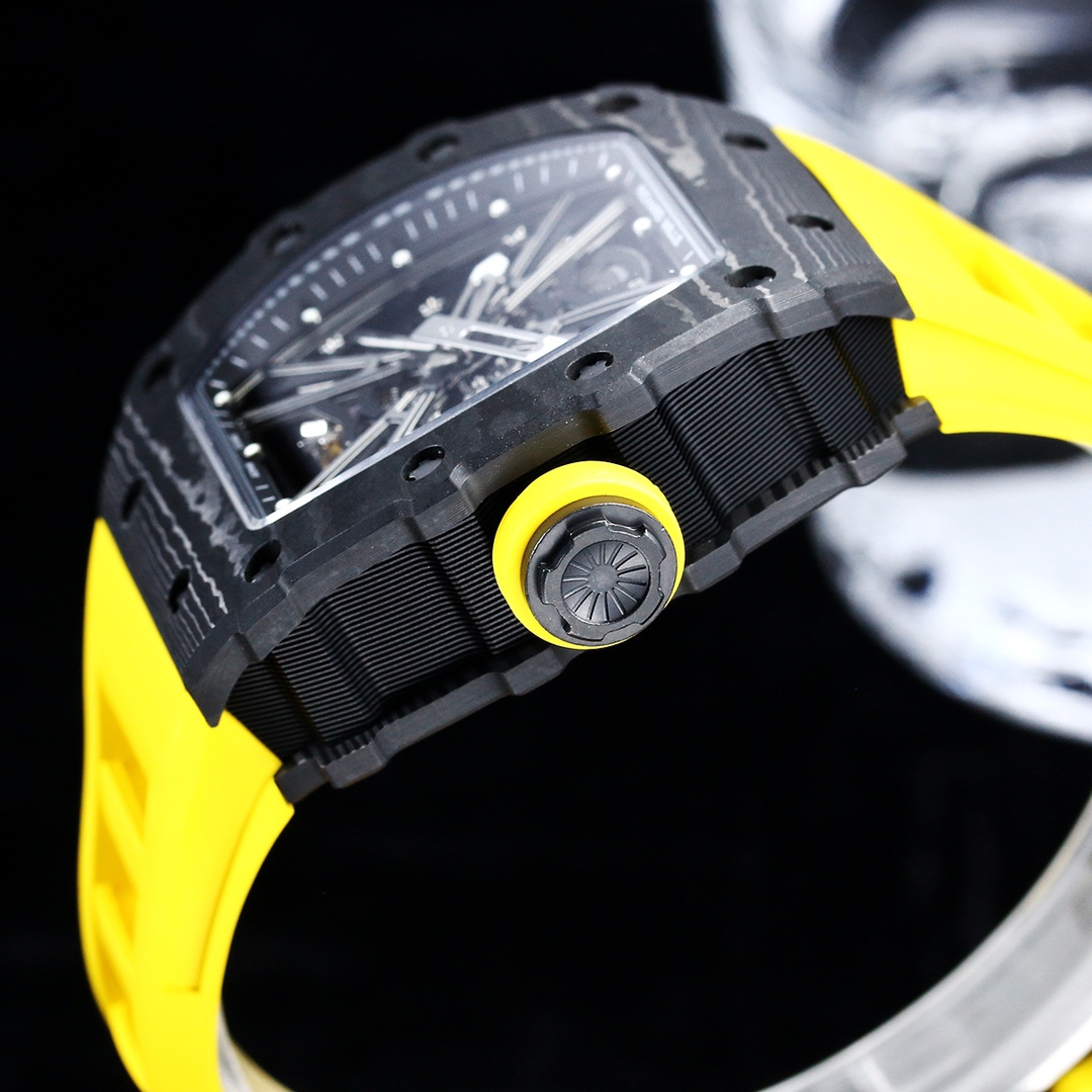 Swiss Replica Richard Mille RM 12-01 Tourbillon – Bold Yellow Rubber Strap, Skeleton Dial, Carbon Case