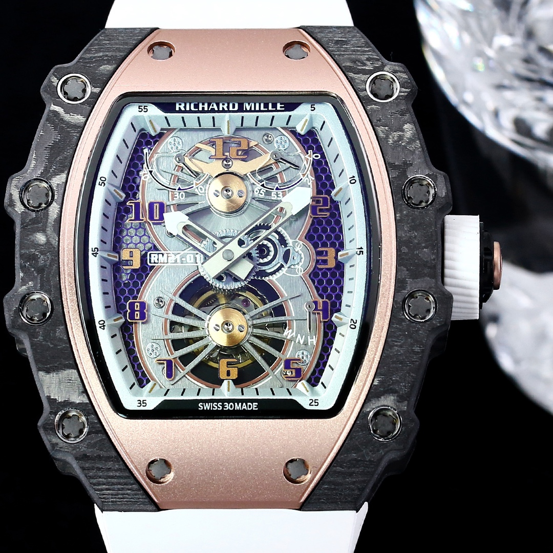 High-End Replica Richard Mille 21-01 Tourbillon Aerodyne Watch For Men – Carbon Fiber Skeleton Dial, White Rubber Strap
