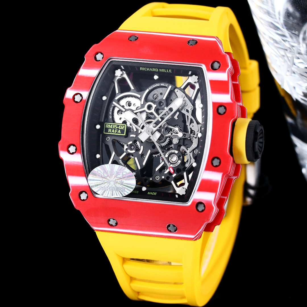 Premium Swiss Richard Mille RM 35-02 Replica Rafael Nadal Tourbillon Watch, Carbon Fiber Case, Yellow Strap