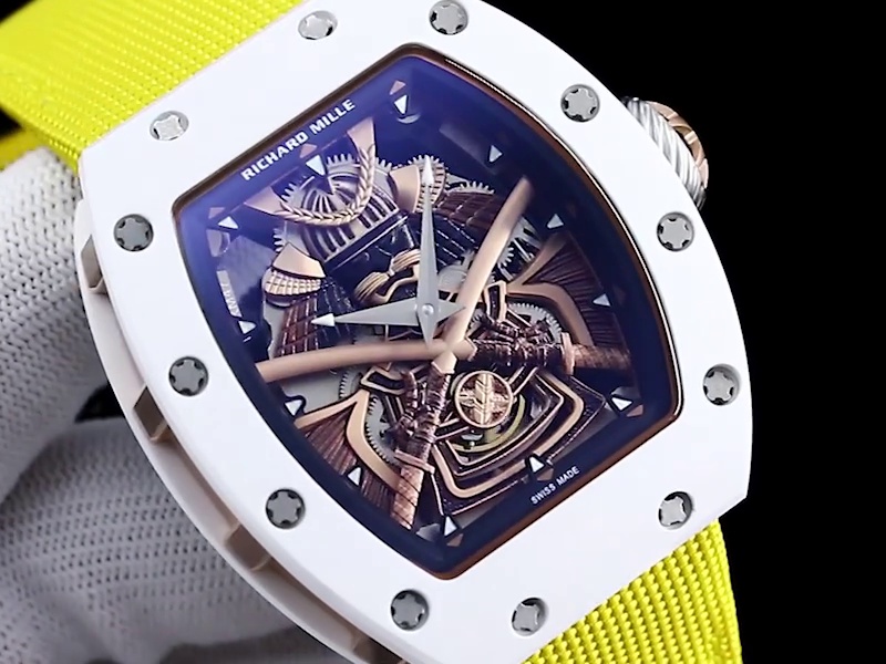 Best Replica Richard Mille RM 047 Tourbillon Watch For Men – Samurai Design, Ceramic Case, Skeleton Dial, Yellow Strap