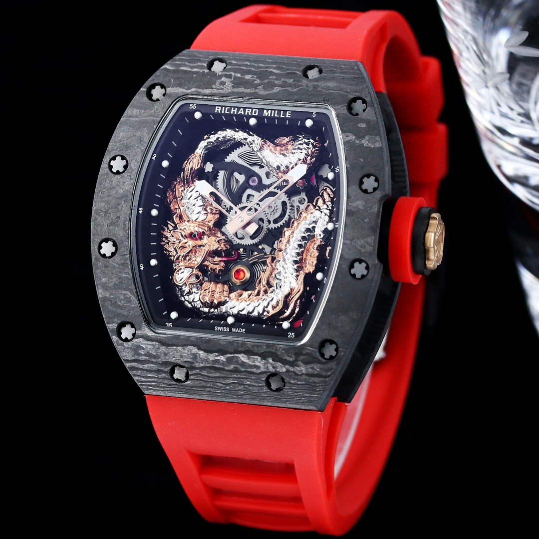Swiss Replica Richard Mille RM 57-03 Dragon Skeleton Dial, Carbon Fiber Case, Red Rubber Strap Luxury Watch
