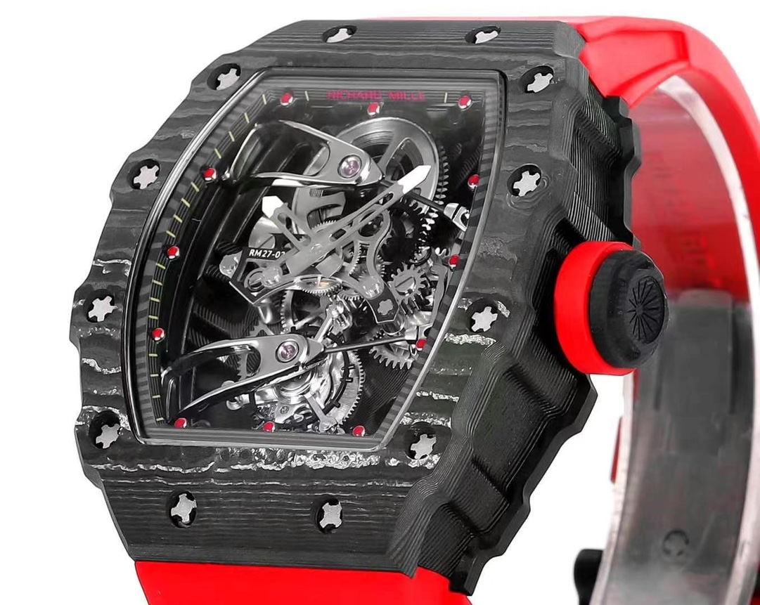 High-End Swiss Richard Mille RM 27-02 Replica Tourbillon Watch – Lightweight Carbon Case, Red Rubber Strap For Sport & Style