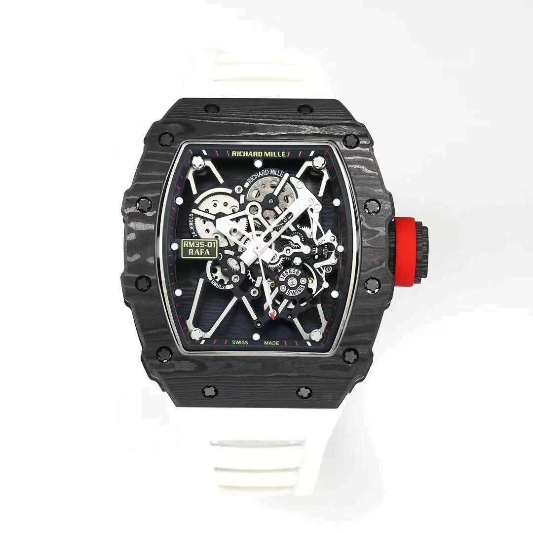 Top Swiss Replica Richard Mille RM35-01 – Carbon Fiber Case & White Rubber Strap