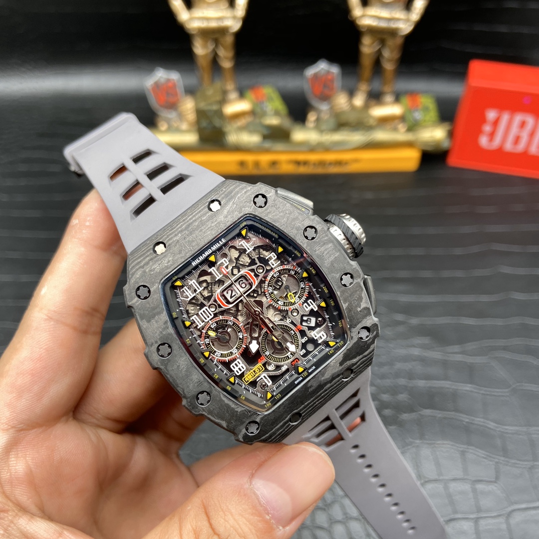 Swiss Richard Mille RM 11 Replica – 49mm Carbon Case, Skeleton Dial, Grey Rubber Strap