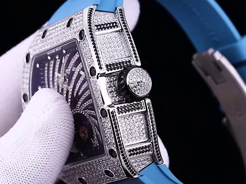 Luxury Swiss Richard Mille RM 51-02 Replica – Diamond-Paved Skeleton Dial, Blue Rubber Strap, High-End Tourbillon Watch