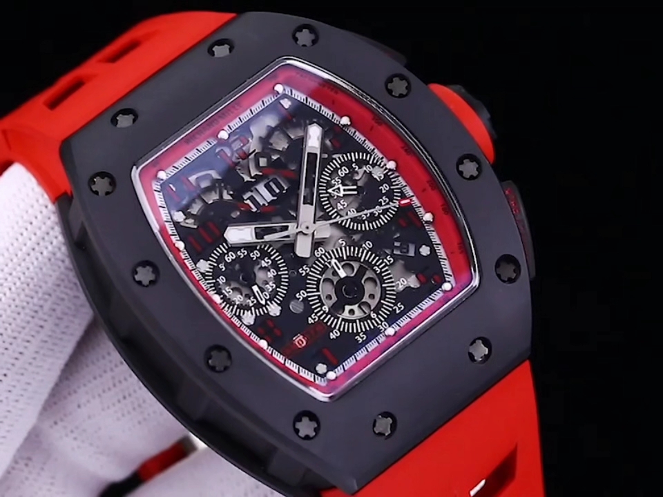 Luxury Men’s Richard Mille RM 011 Replica Watch, Black Ceramic Case, Red Rubber Strap