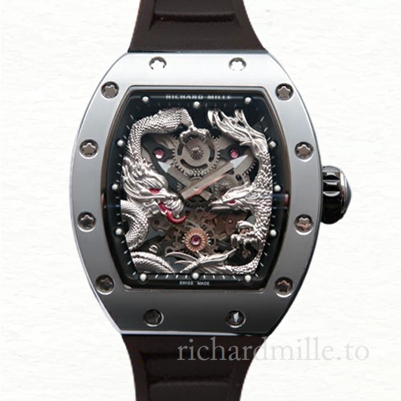 Richard Mille RM57-01 Mechanical Men Stainless Steel Silver Dragon and Phoenix Dial Rubber Band