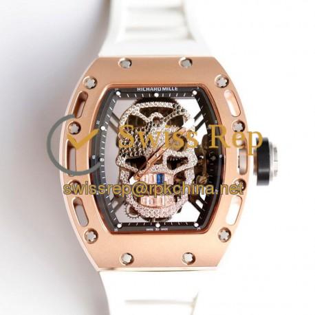 RM052 EURF Rose Gold Skeleton Diamond Skull Dial White Rubber Strap Tourbillon