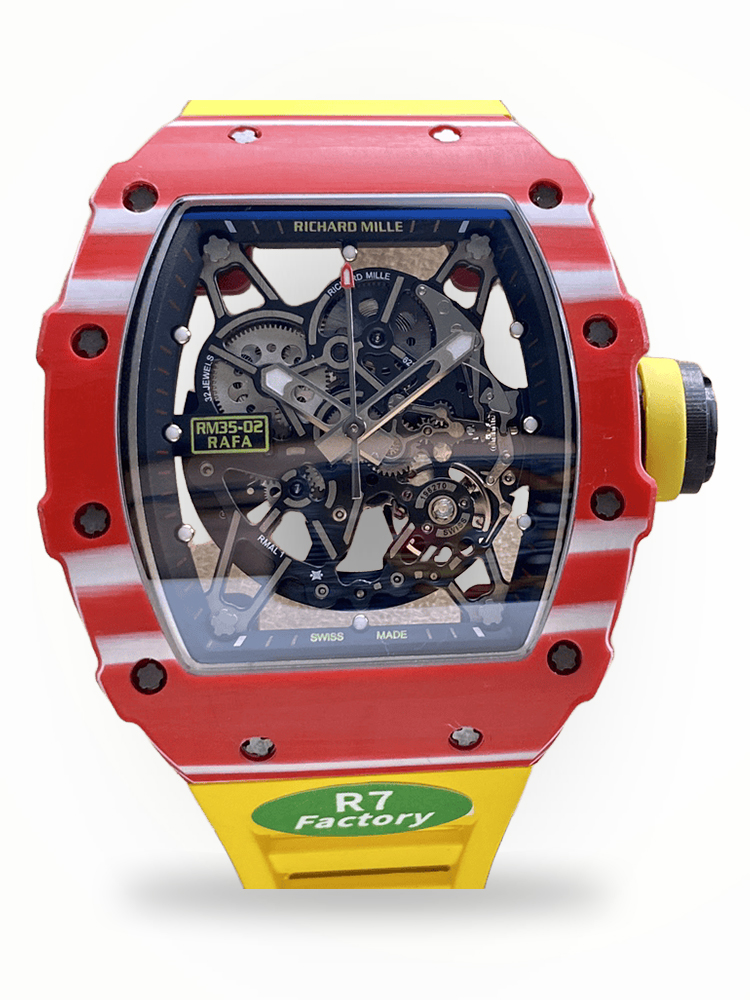Stylish Swiss Replica Richard Mille RM 35-02 Rafael Nadal Watch – Carbon Fiber Skeleton Dial, Yellow Rubber Strap