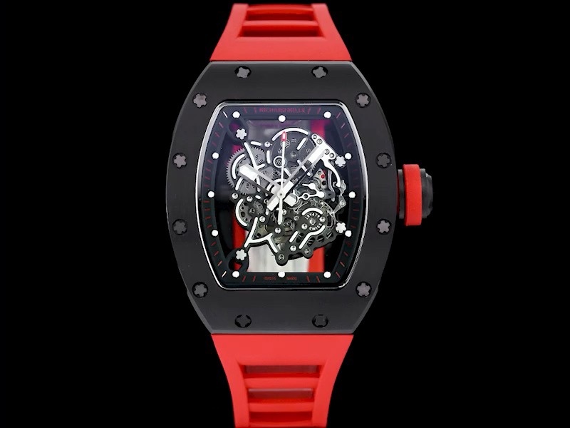 Luxurious Replica Richard Mille RM 055 Bubba Watson Black Ceramic Case with Red Rubber Strap – Bold Skeleton Dial