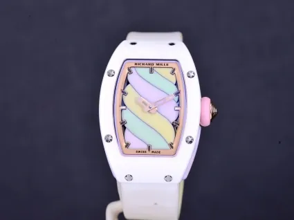 Richard Mille RM 07-03 Replica, White Ceramic Case Pastel Swirl Dial White Rubber Strap Luxury Ladies Wristwatch
