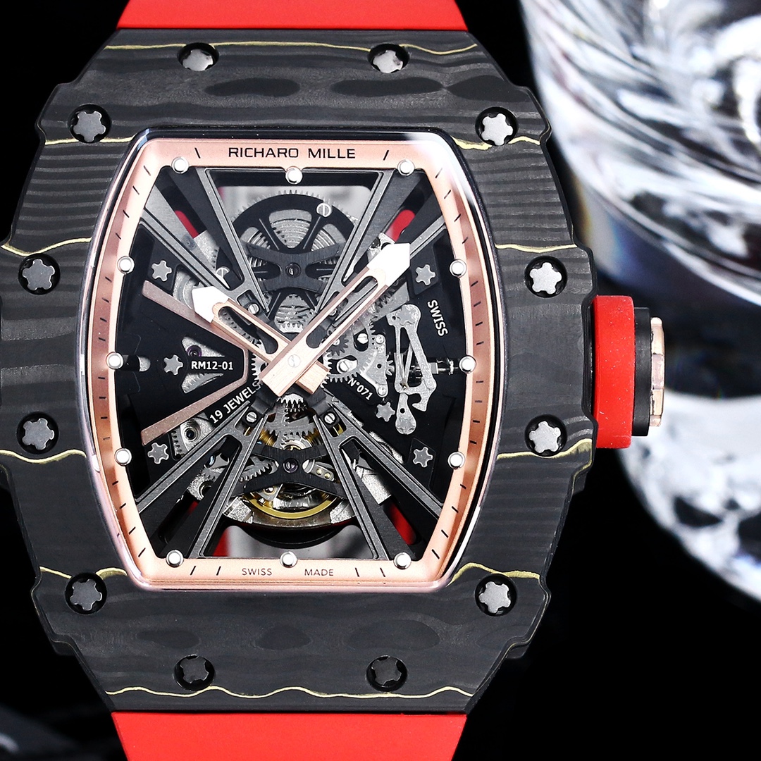 Swiss Richard Mille RM 12-01 Tourbillon Replica – Black Carbon Fiber Case With Red Rubber Strap