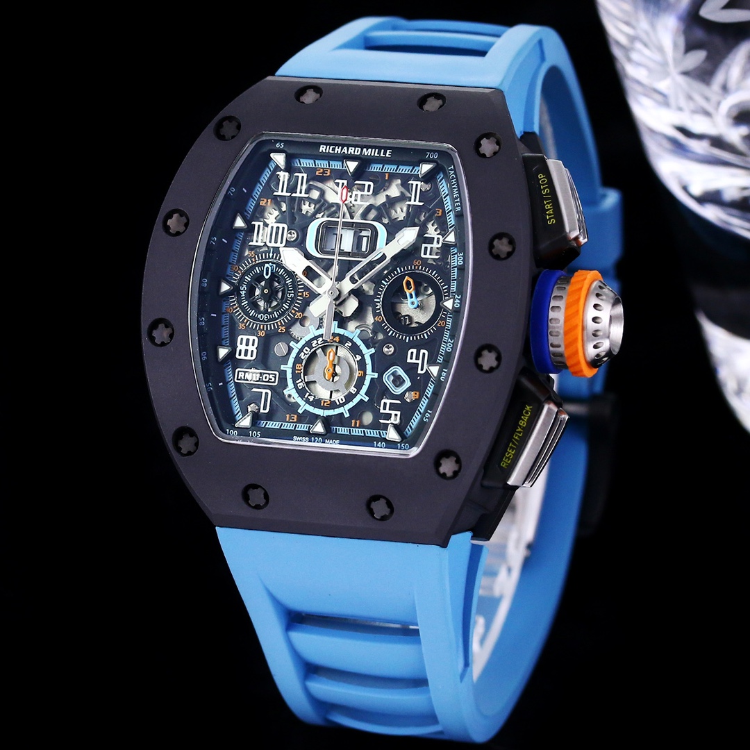 Best Replica Richard Mille RM 11-05 Swiss Watch – Blue Rubber Strap, Skeleton Dial, Carbon Fiber Case