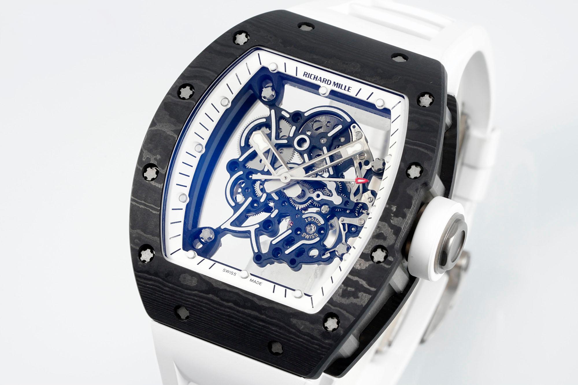Richard Mille RM055 Skeleton Swiss Replica, Titanium Carbon Fiber Case, White Rubber Strap
