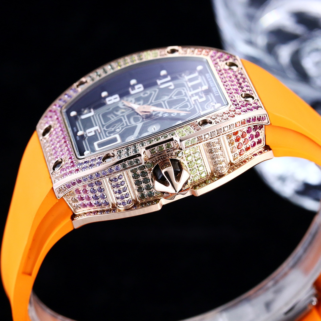Luxury Replica Richard Mille RM 67-01 Rainbow Diamond Bezel With Orange Rubber Strap Watch