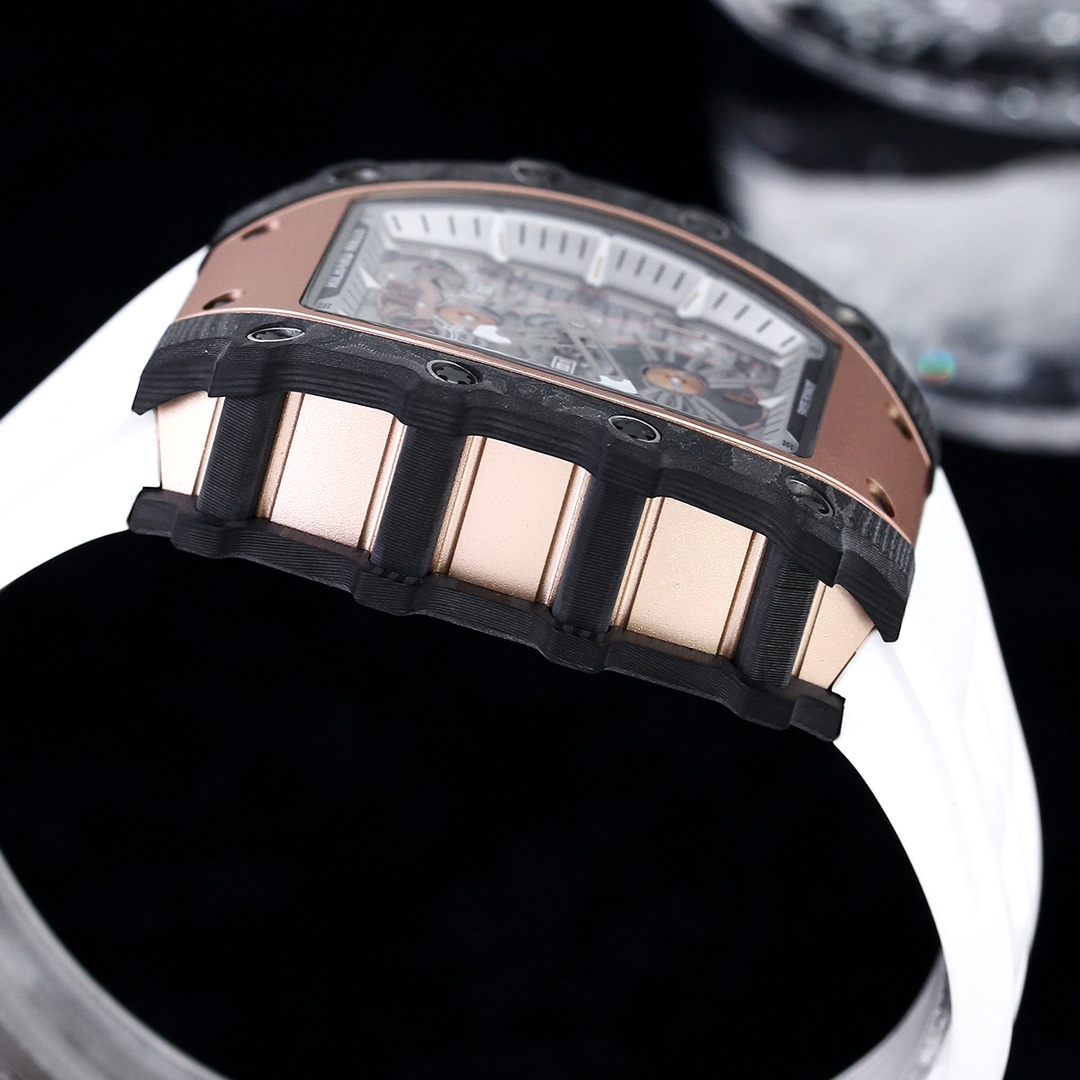 High-End Replica Richard Mille 21-01 Tourbillon Aerodyne Watch For Men – Carbon Fiber Skeleton Dial, White Rubber Strap