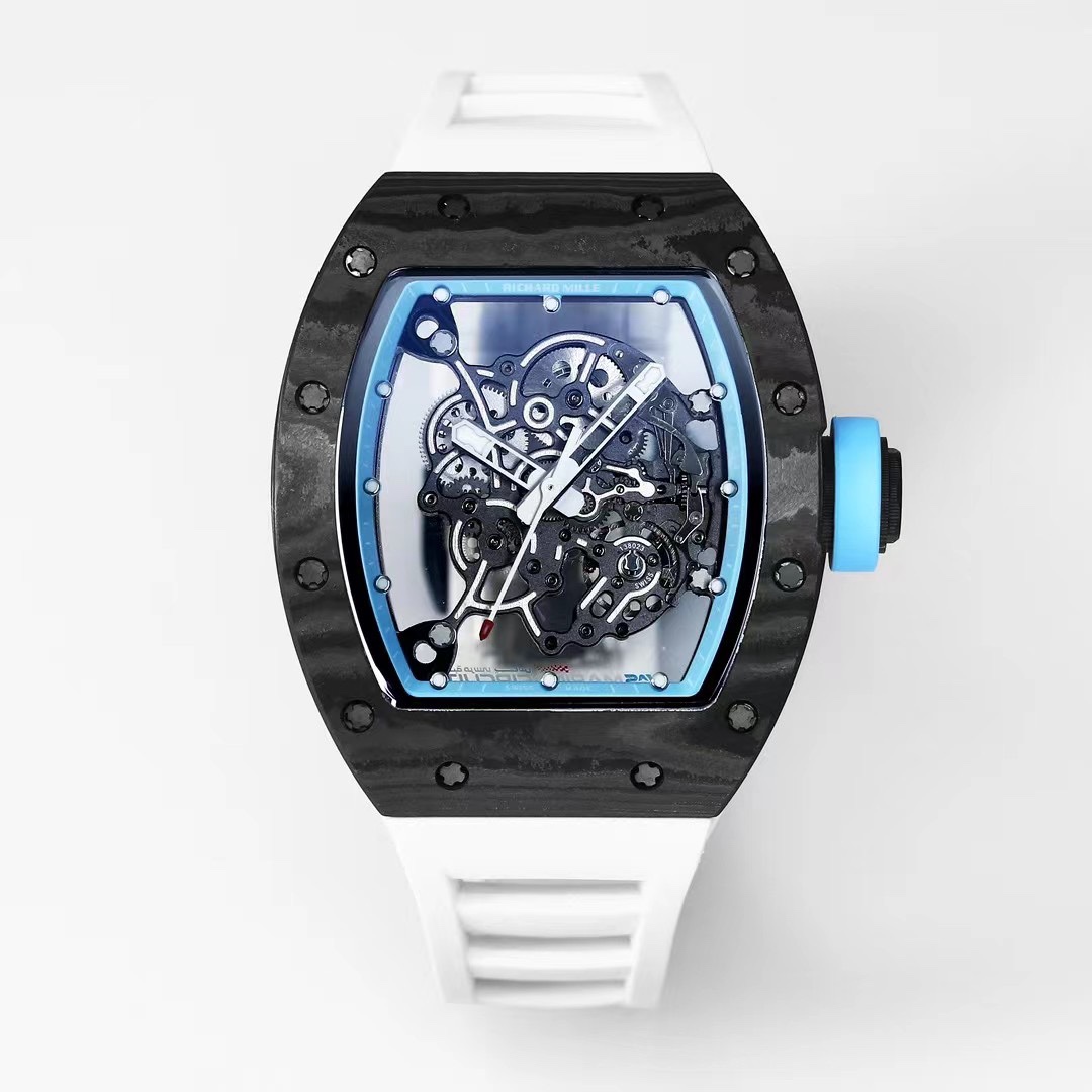 Best Replica RICHARD MILLE RM 055 Skeleton Watch - Swiss Movement Super Clone, Carbon Fiber Case, Sporty White Rubber Strap
