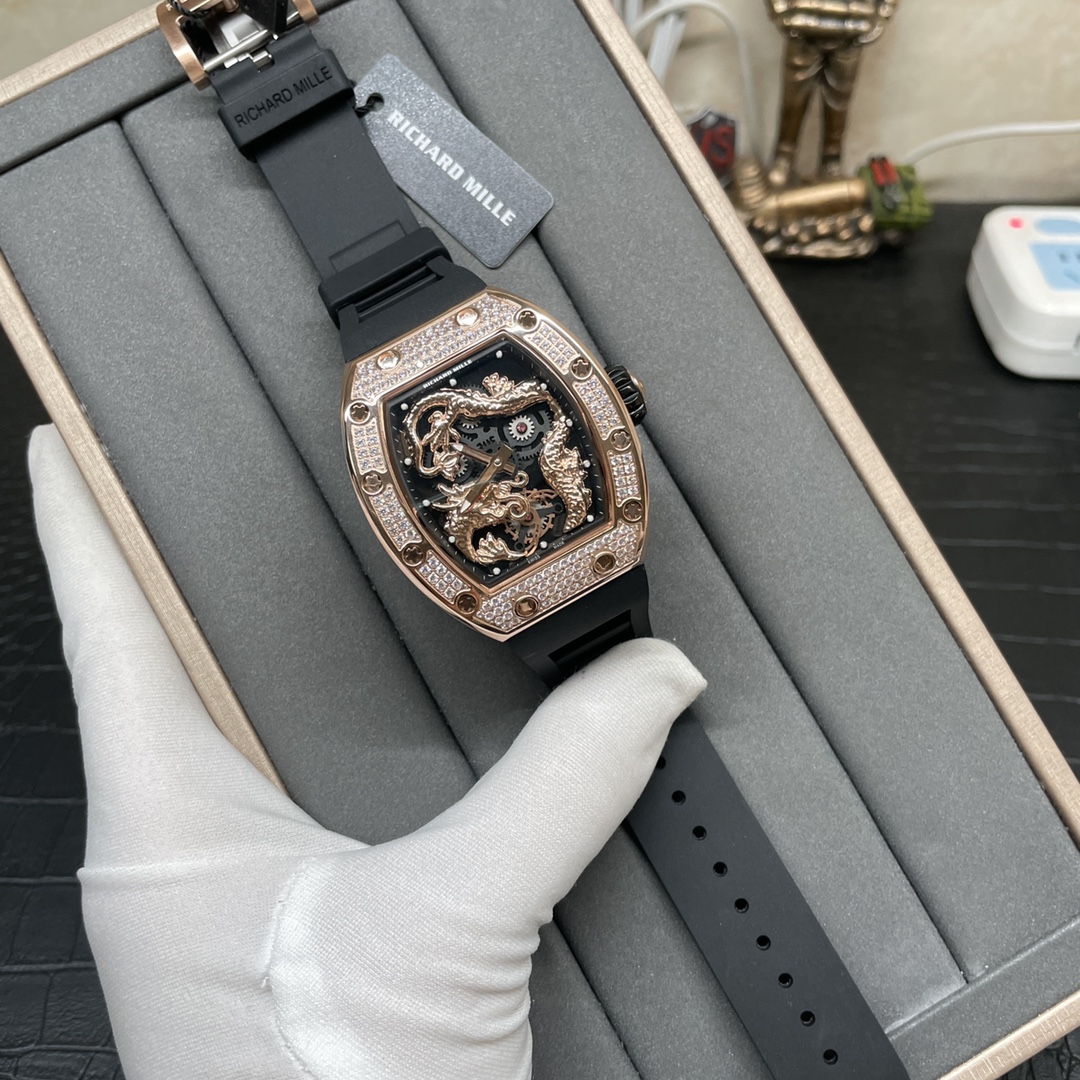 Swiss Richard Mille RM 51-01 Replica Tiger And Dragon Michelle Yeoh Watch with Diamond Bezel And Black Rubber Strap