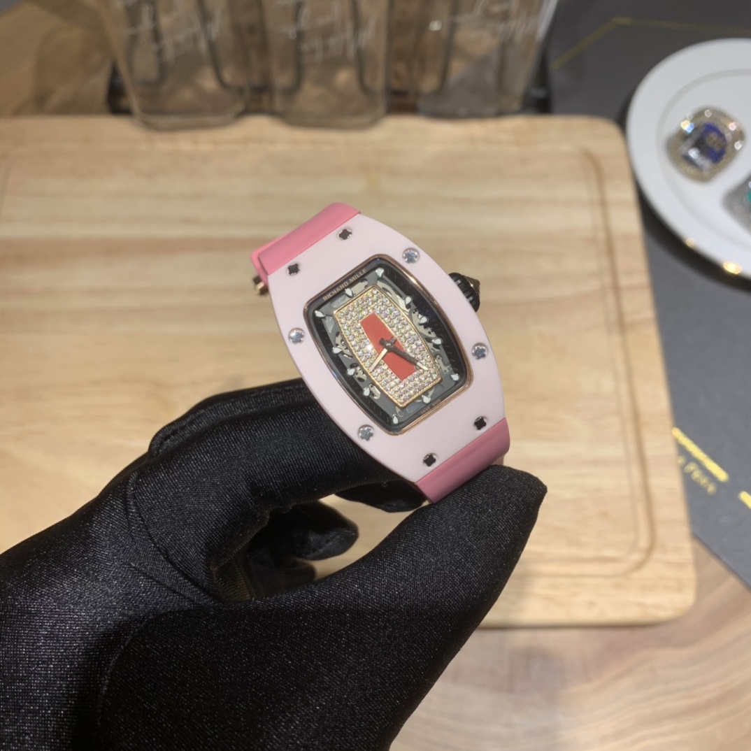 Richard Mille RM 07-01 Ladies Swiss Replica Watch – Pink Ceramic Skeleton Diamond Dial