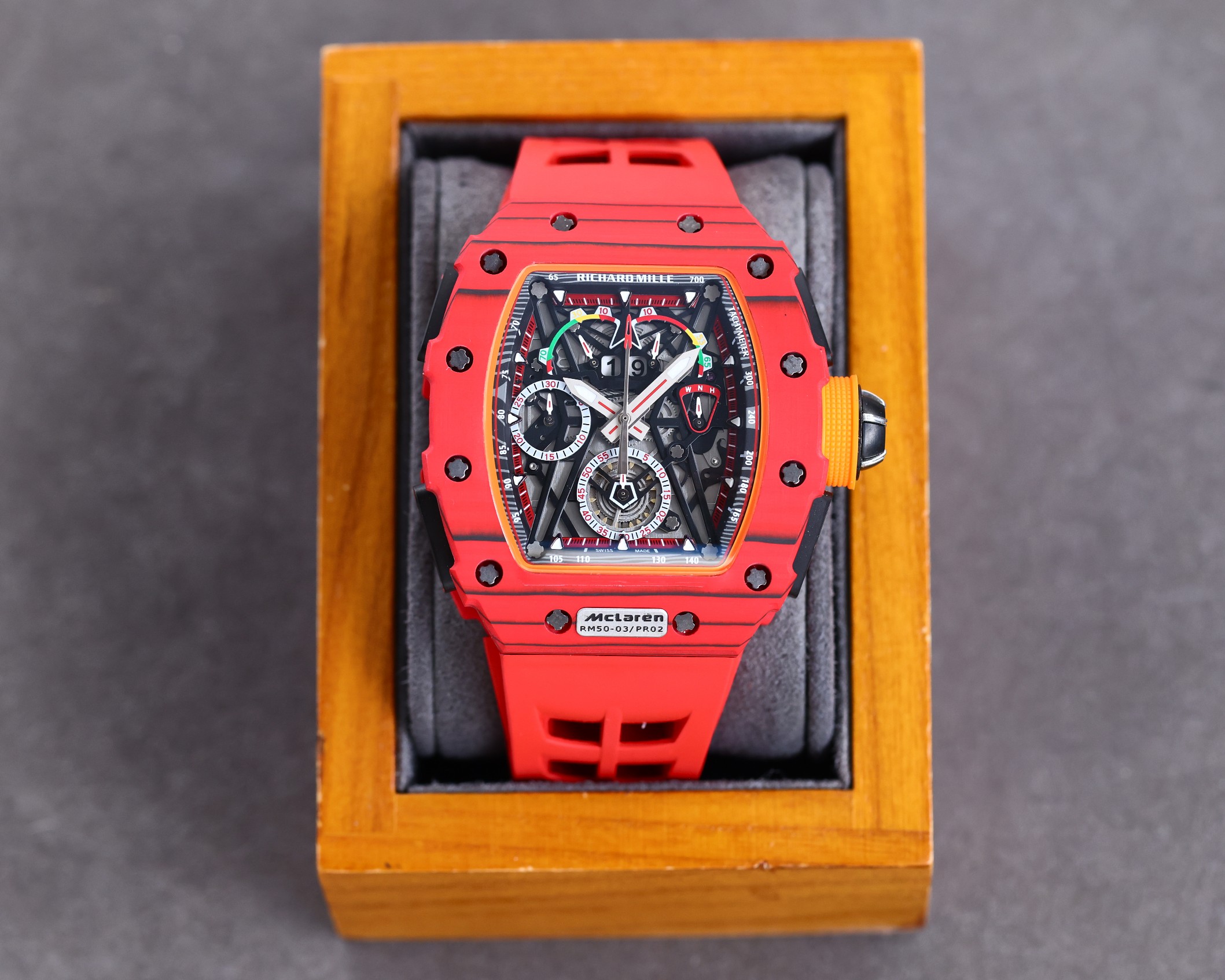 Best Richard Mille RM 50-03 Mclaren Replica Red Strap Watch For Men – Red Carbon Skeleton Dial with Swiss Movement