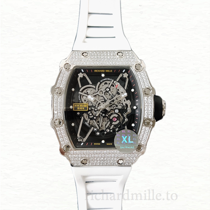 Richard Mille RM35-02 Men Mechanical Diamond Bezel Transparent Dial Rubber Band