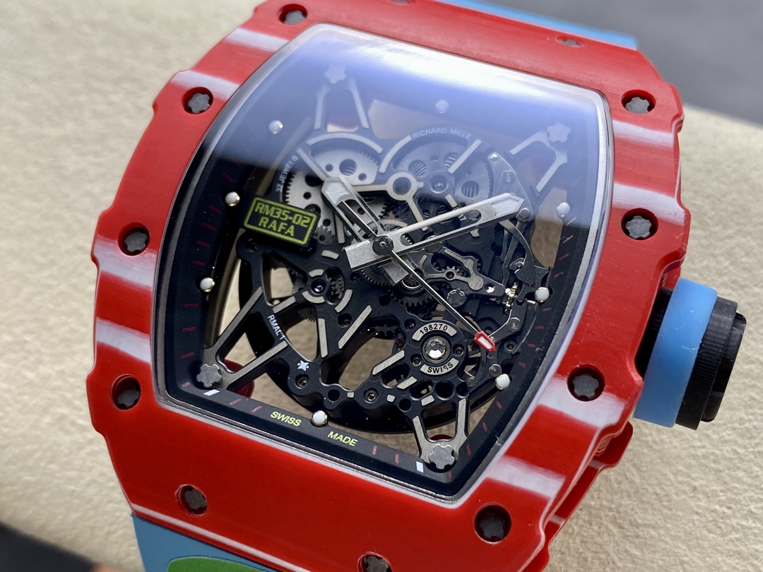 Premium Swiss Richard Mille RM35-02 Rafael Nadal Replica Tourbillon – Carbon Case & Blue Strap Luxury Skeleton Watch For Men