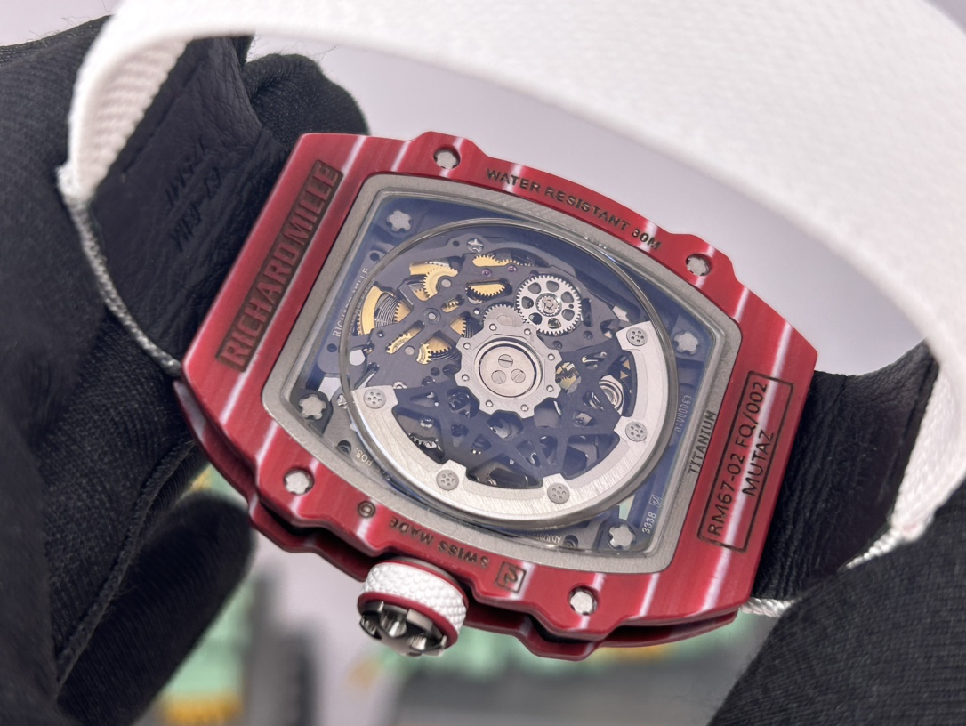 Richard Mille RM 67-02 Mutaz Barshim Replica – Stunning Red Carbon Case, Sports Watch with White Fabric Strap