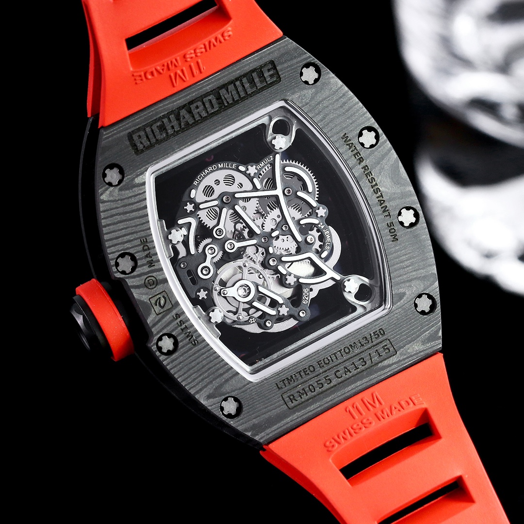 Swiss Replica Richard Mille RM 055 NTPT Carbon Watch With Red Strap – Sporty, Luxurious, and Precision Engineered