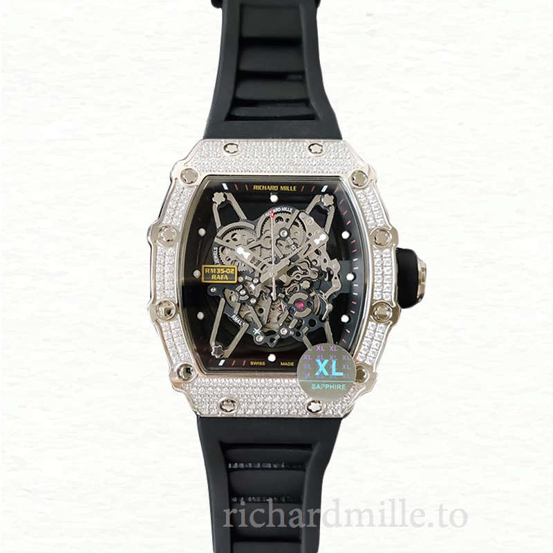Richard Mille RM35-02 Men Mechanical Diamond Bezel Transparent Dial Rubber Band