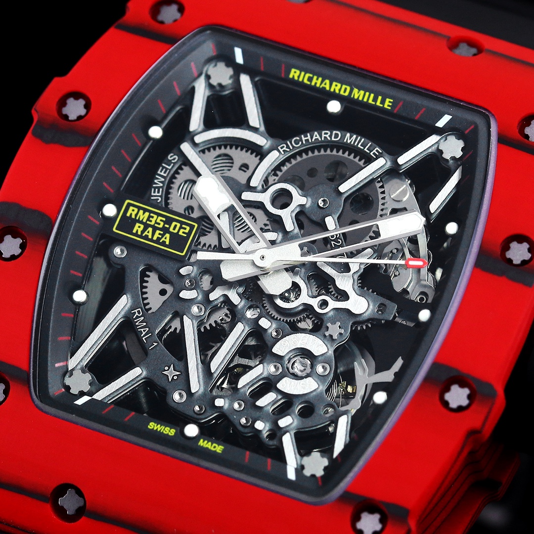 Swiss Replica Richard Mille RM 35-02 Rafael Nadal Red Carbon Watch With Black Rubber Strap – Lightweight And Striking Design