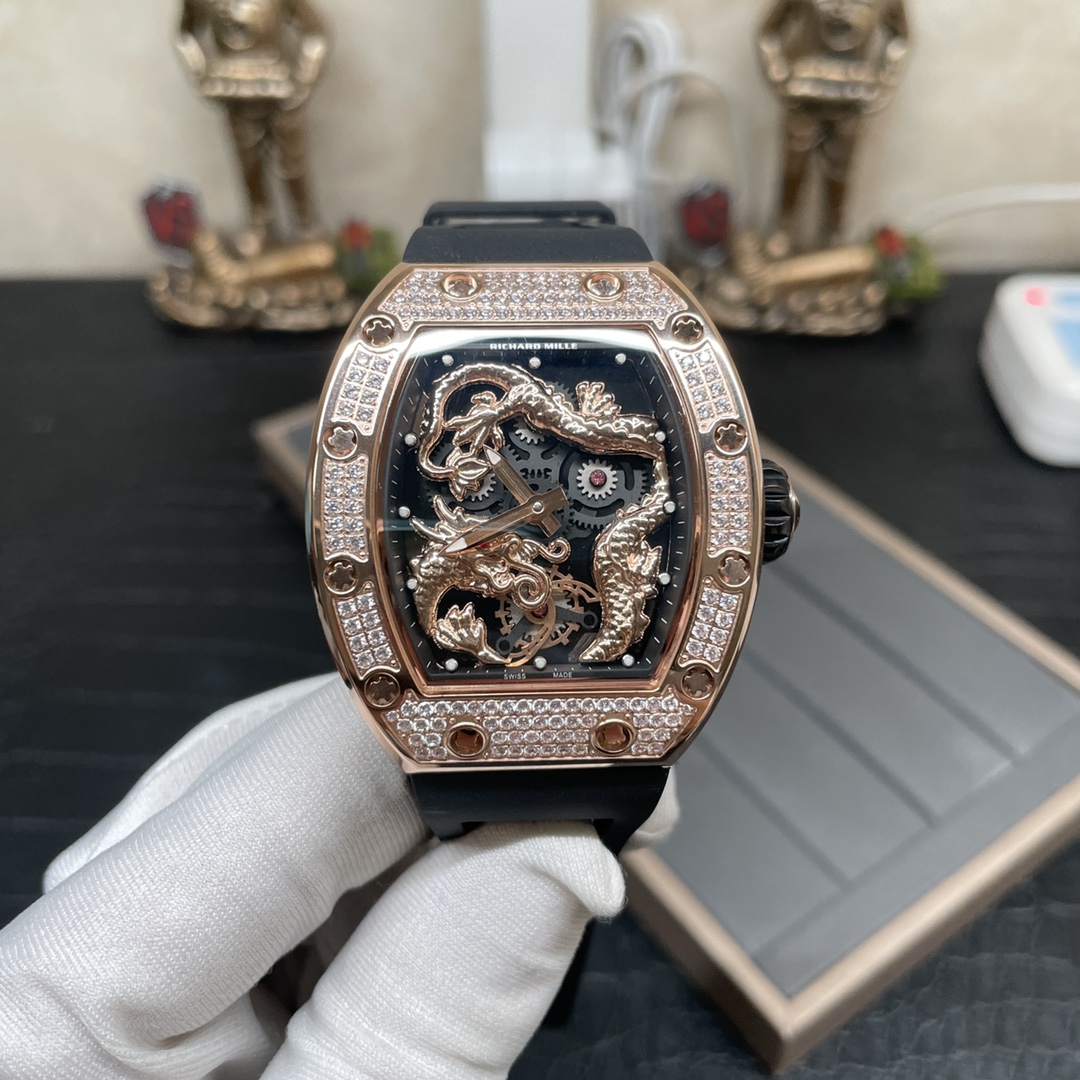 Swiss Richard Mille RM 51-01 Replica Tiger And Dragon Michelle Yeoh Watch with Diamond Bezel And Black Rubber Strap