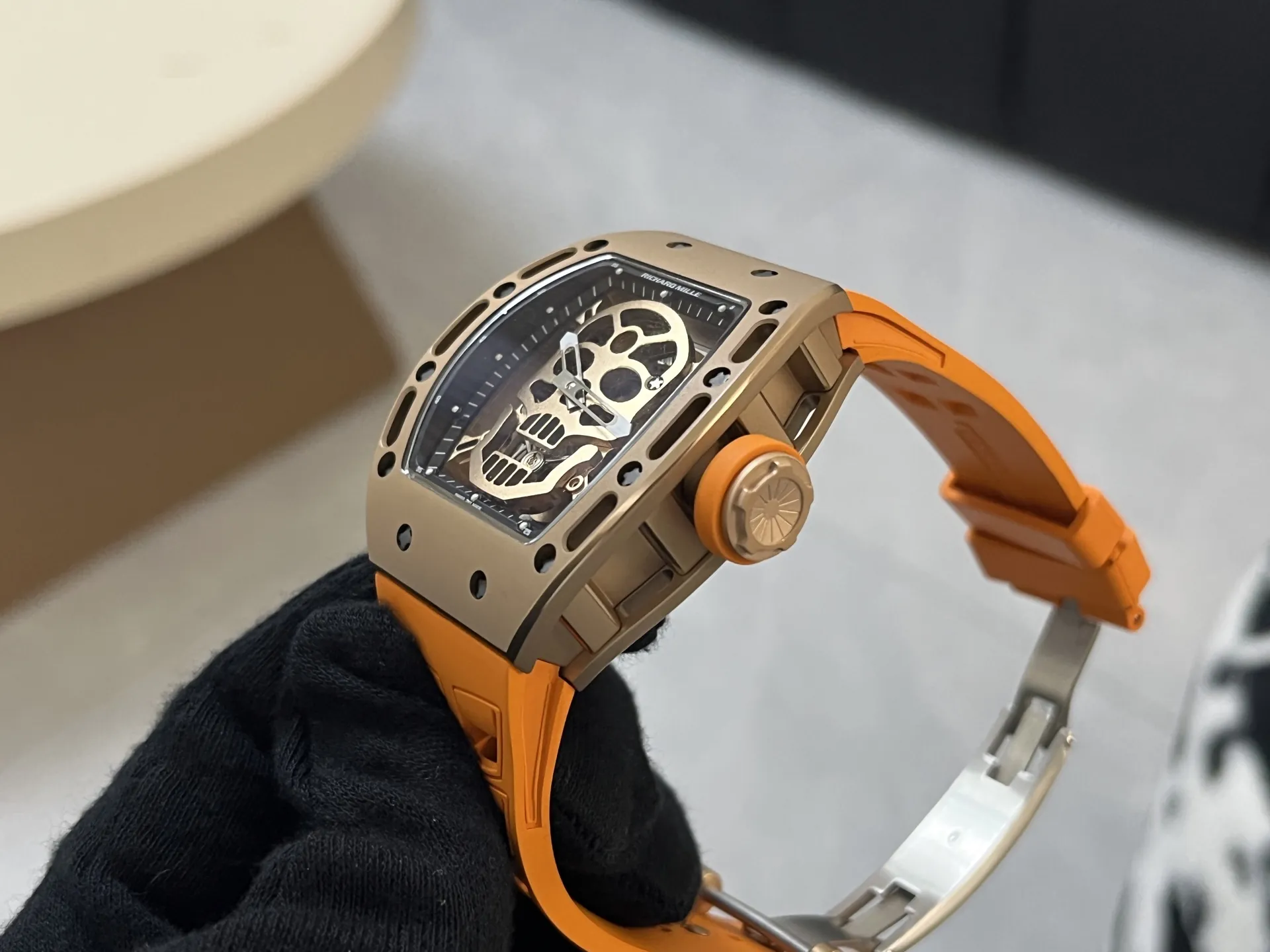 Richard Mille RM 052 Upgraded Tourbillon Movement Skull Rose Gold Super Clone - Orange Rubber Strap