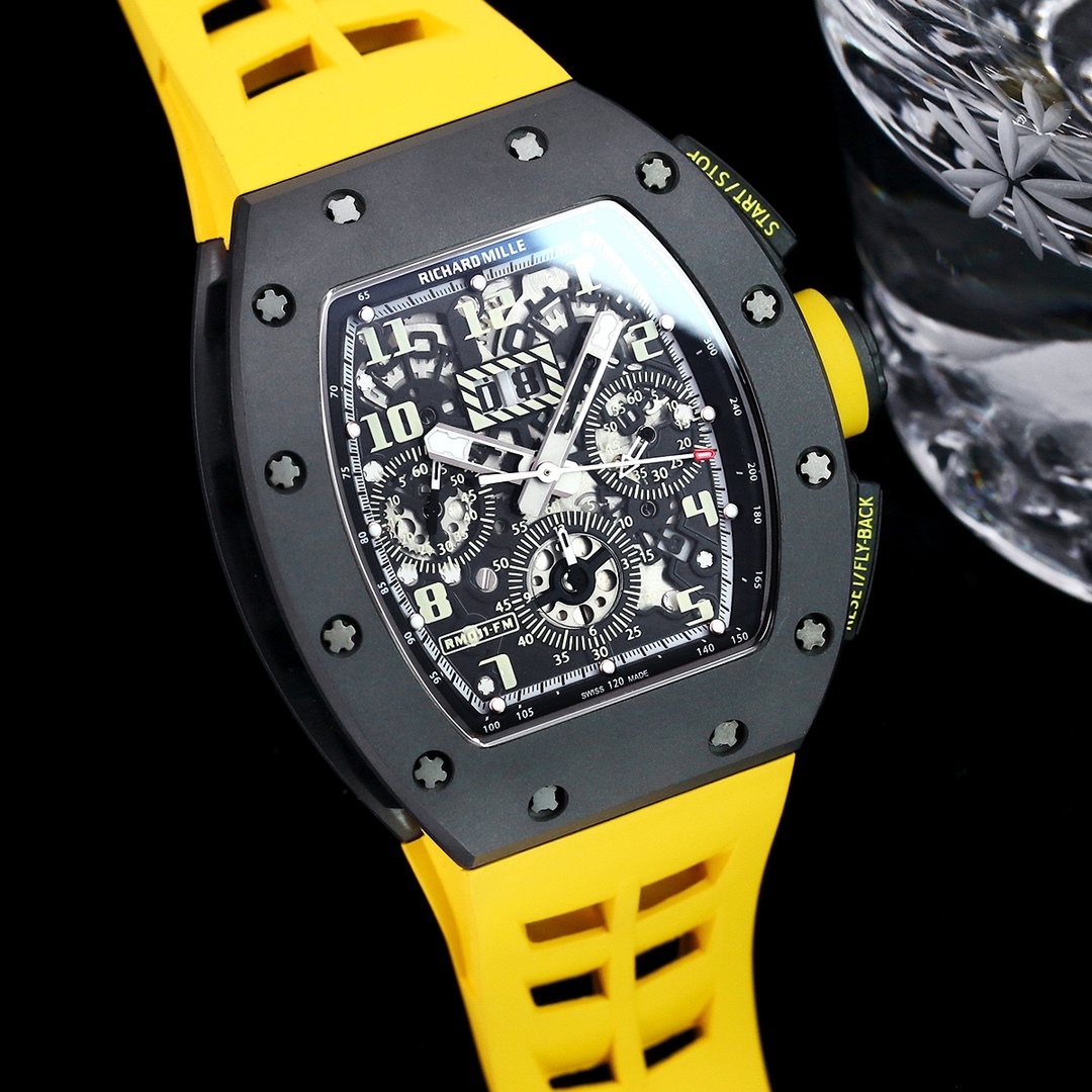 Swiss Replica Richard Mille RM 011-FM Watch – Carbon Fiber Barrel Case, Skeleton Dial, Premium Yellow Rubber Band