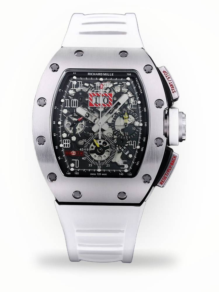 Luxury Swiss Replica Richard Mille RM 011 50mm Watch – Skeleton Dial, White Rubber Strap, Sporty Elegance
